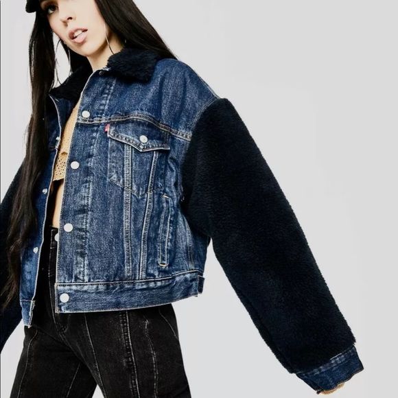 Levis Cocoon Bomber Demin Jacket Black Sherpa Sleeves Trucker